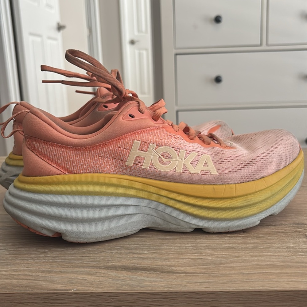 Hoka Women's Coral and Yellow Athletic Shoes